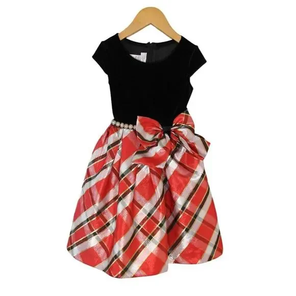 SOLD* Bonnie Jean Girls Velvet Metallic Plaid Taffeta Bow Dress Christmas
